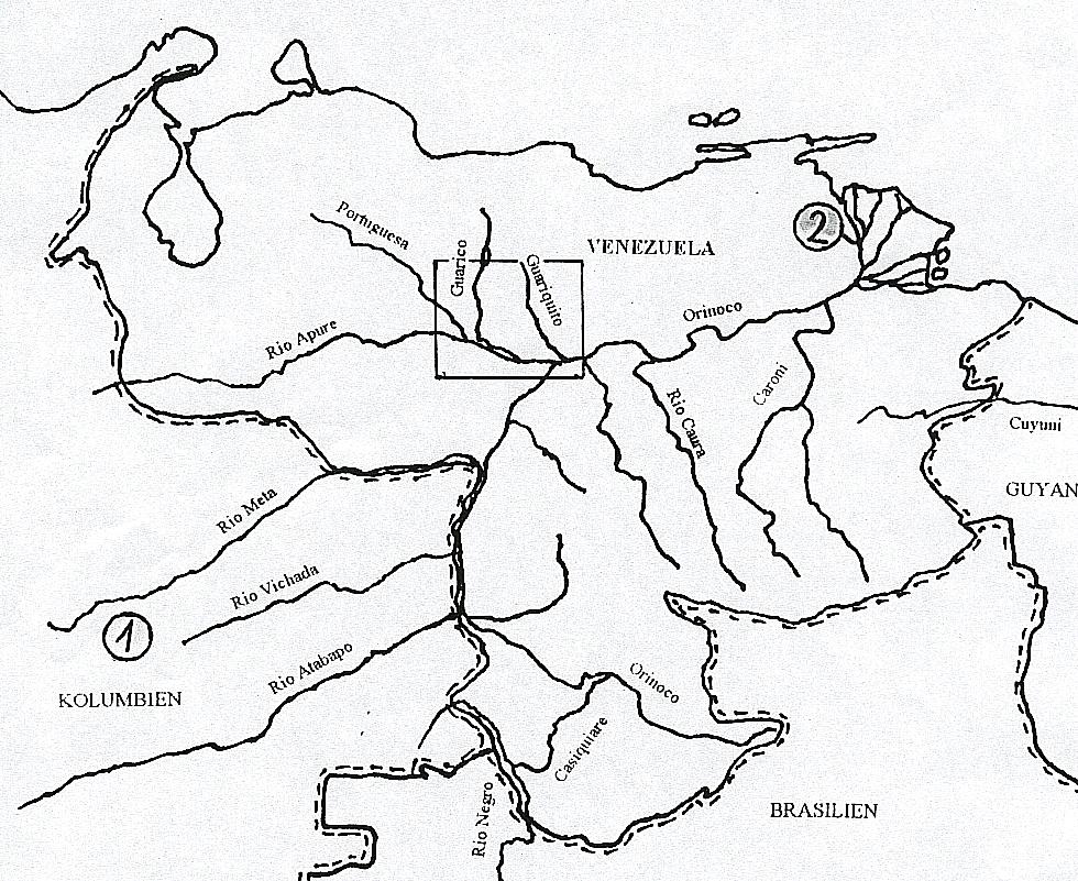 1.  Typusfundort von Mesonauta egregius - 2.  Rio Morichal Largo, fundort von Mesonauta sp. "Orinoco" - Rechteck:  Ausschnitt Karte 2